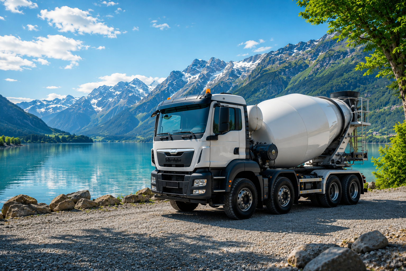Concrete truck near lake