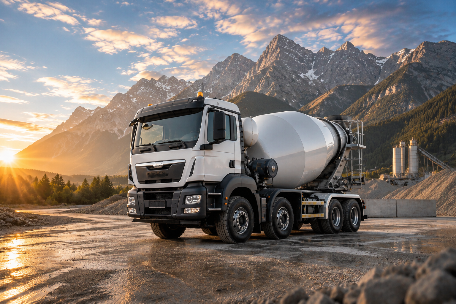 Concrete truck near mountains